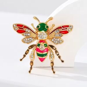 Gold Bee Brooch with Red, Green, Pink Enamel and Crystals